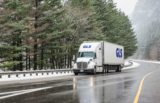Camion GLS conduisant sur une route.