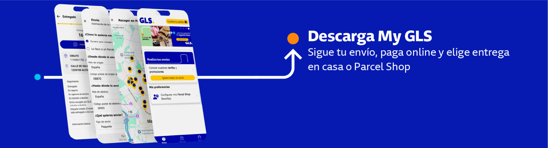 Pantalla de la app My GLS de GLS mostrando seguimiento de envíos, pago online y elección de entrega en domicilio o Parcel Shop desde el móvil.