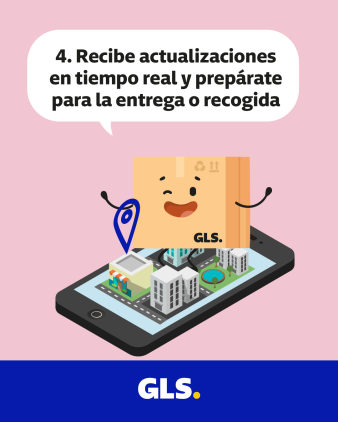 Ilustración de paquete GLS sonriente sobre un mapa en un móvil mostrando actualizaciones en tiempo real para entrega o recogida de un envío.