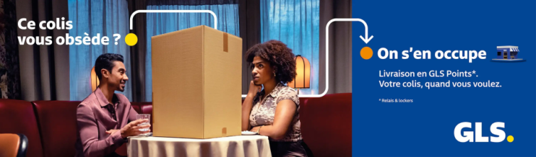 Visuel publicitaire de GLS montrant deux personnes au restaurant, séparées par un grand colis. Message : « Ce colis vous obsède ? On s’en occupe. » Promotion du service de livraison en GLS Points avant le salon Tech For Retail 2025.